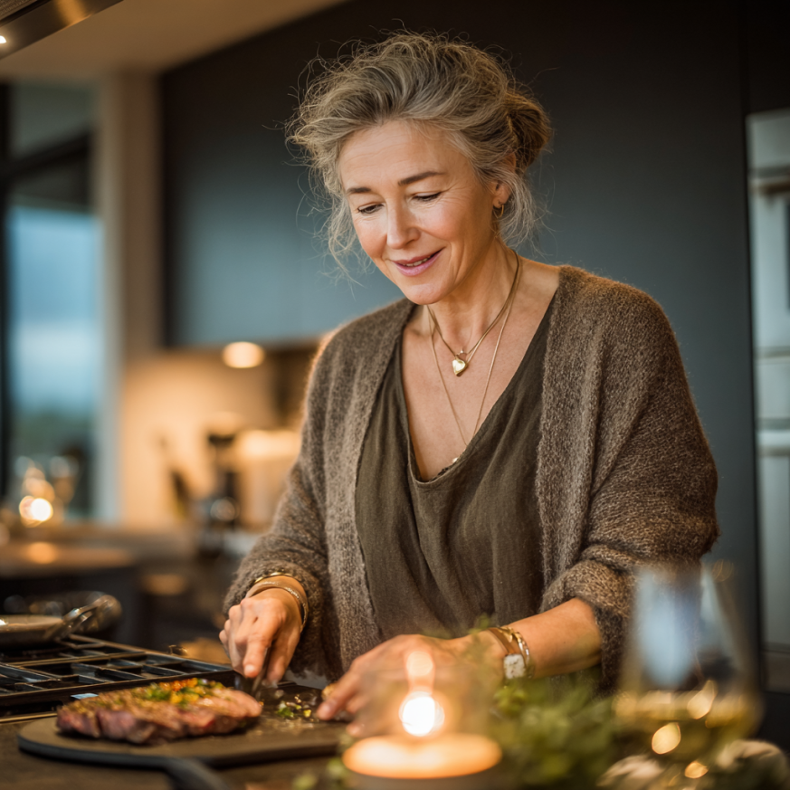 Літня пара готує здорову їжу разом на кухні