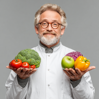 Літня жінка готує здорову їжу на кухні з посмішкою